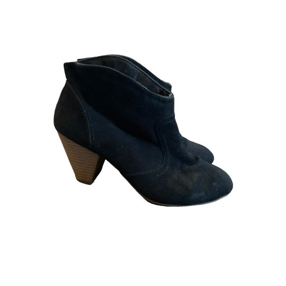 7.5 Just Fab Women's Faux Suede Black Stack 2.5" Heel Booties Pull On - Picture 1 of 8